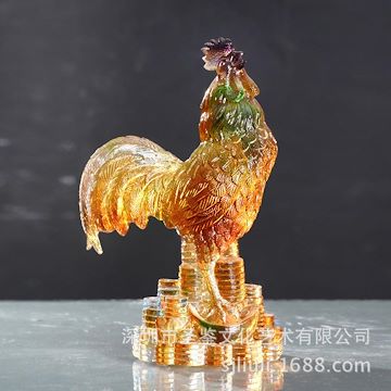 圣鉴琉璃厂家直销2016鸡年高档礼品钱币古法琉璃鸡摆件一鸣惊人
